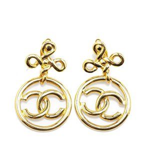 CHANEL Coco Mark Round Circle Earrings, Gold Plated, Women's